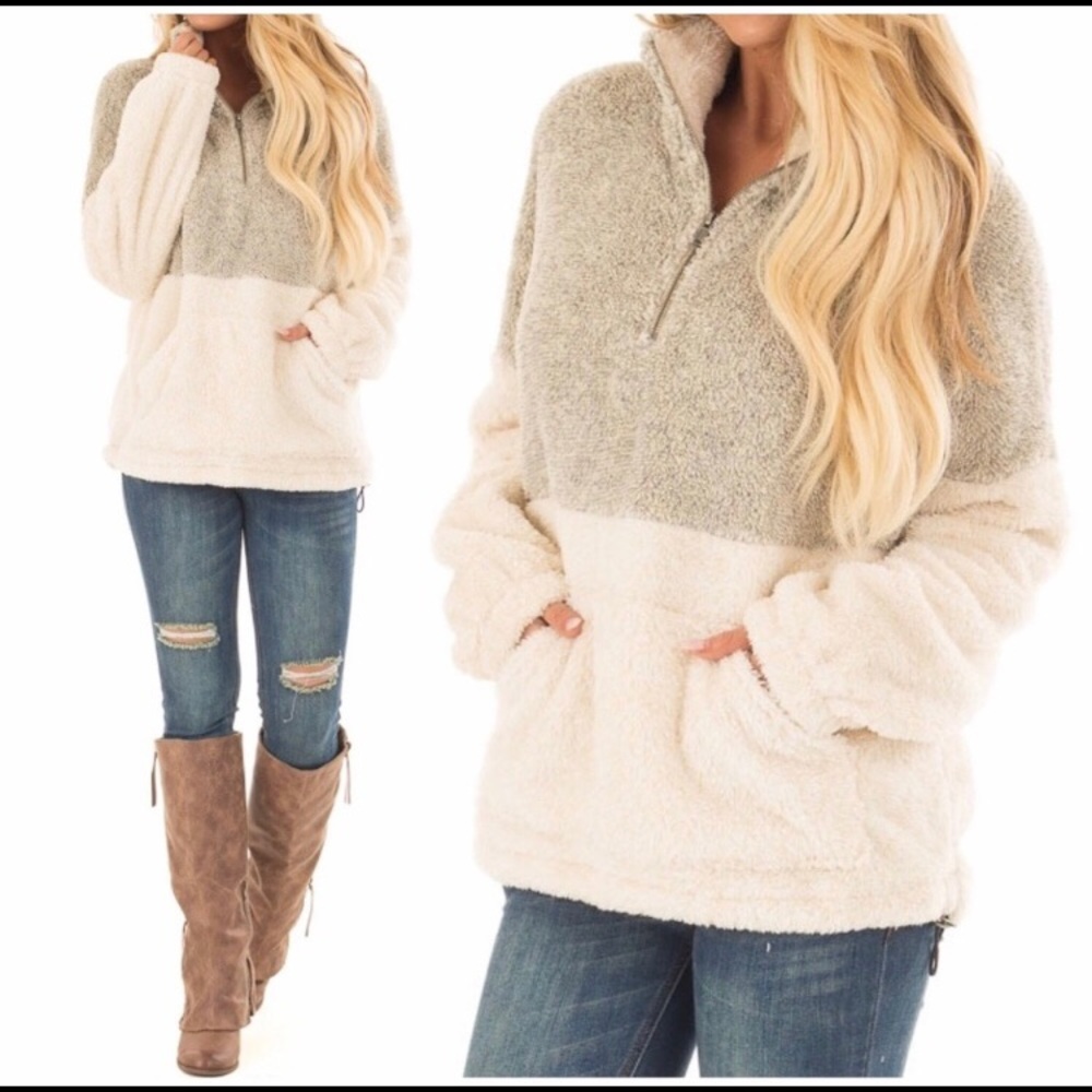 Fuzzy Half-Zip Taupe/Cream Pullover Sweater. (1L) - Picture 5 of 6